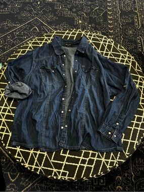New Look 3X Dark Wash Denim Button Up Shirt Roll Tab Sleeve Chambray Top